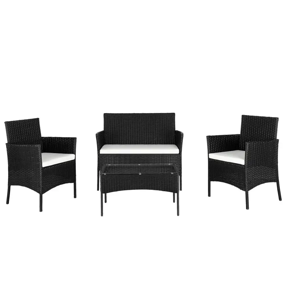 3 Piece Outdoor Rattan Furniture Set: 2 Arm Chairs. 1 Love Seat & Coffee Table with Tempered Glass - Stylish Black Rattan Sofa Set for Patio or Garden Enjoyment