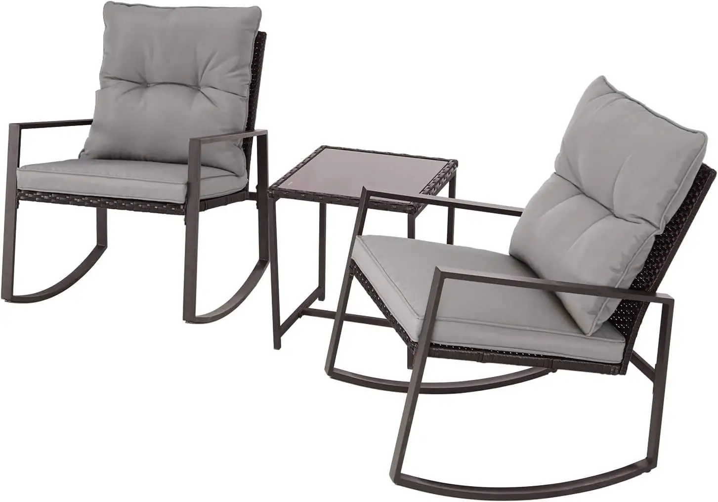 3 Piece Outdoor Rocking Bistro Set Brown Wicker Porch Chairs Conversation Sets with Glass Coffee Table Dark Grey