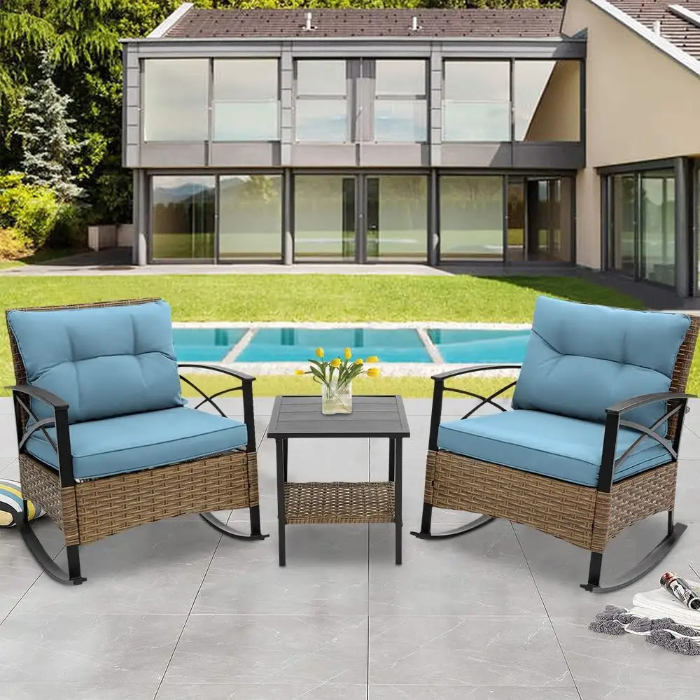 3 Piece Outdoor Rocking Bistro Set. PE Rattan Steel Top Table and Rocking Chairs Set. Outdoor Conversation Set with Cushions for 2 Persons. All-weather Bistro Set for Patio. Pool. Balcony. Pub. Cafe