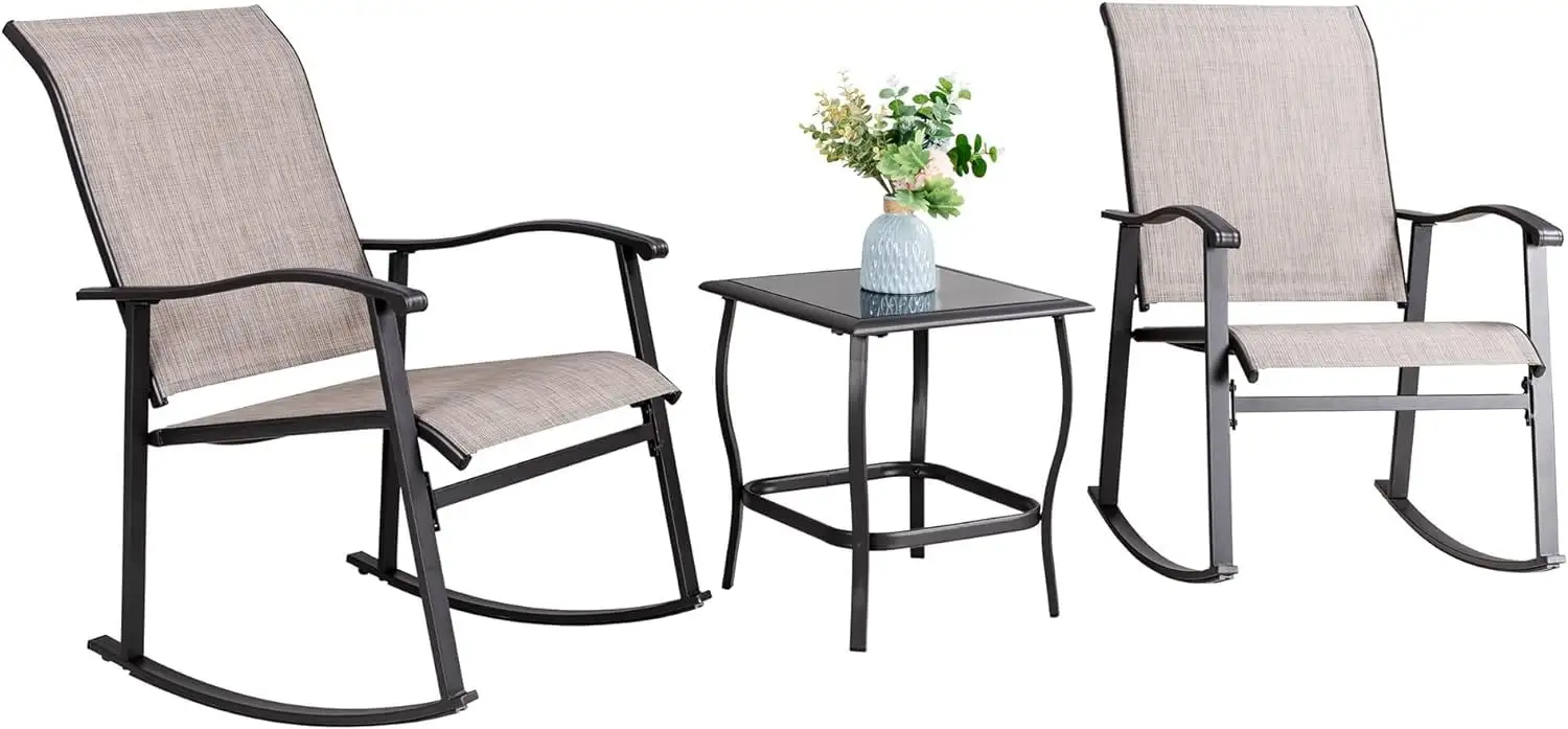 3 Piece Outdoor Rocking Bistro Set. Textilene Fabric Small Patio Furniture Set. Front Porch Rocker Chairs Conversation Set with Glass Table for Lawn. Garden. Balcony. Poolside (Taupe)