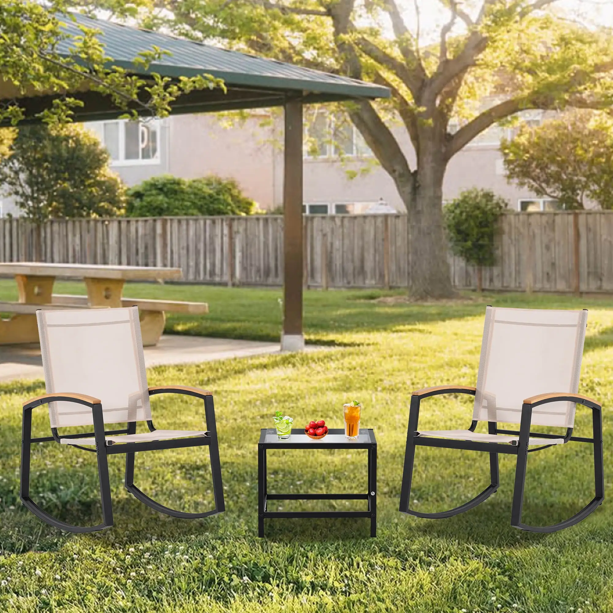 3 Piece Outdoor Rocking Chairs Set. Patio Furniture with 2 Rocking Chairs and Glass Side Table. ard. Garden. Rocking Bistro Patio Set. Patio Rocking Chair Set. Black. W2131