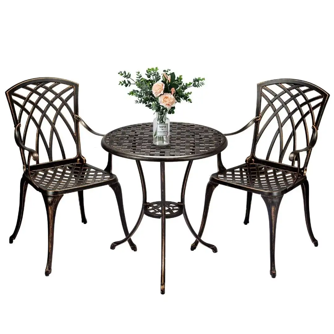 3-Piece Outdoor Rust-Resistant Cast Aluminum Patio Bistro Set with Umbrella Hole. Bronze