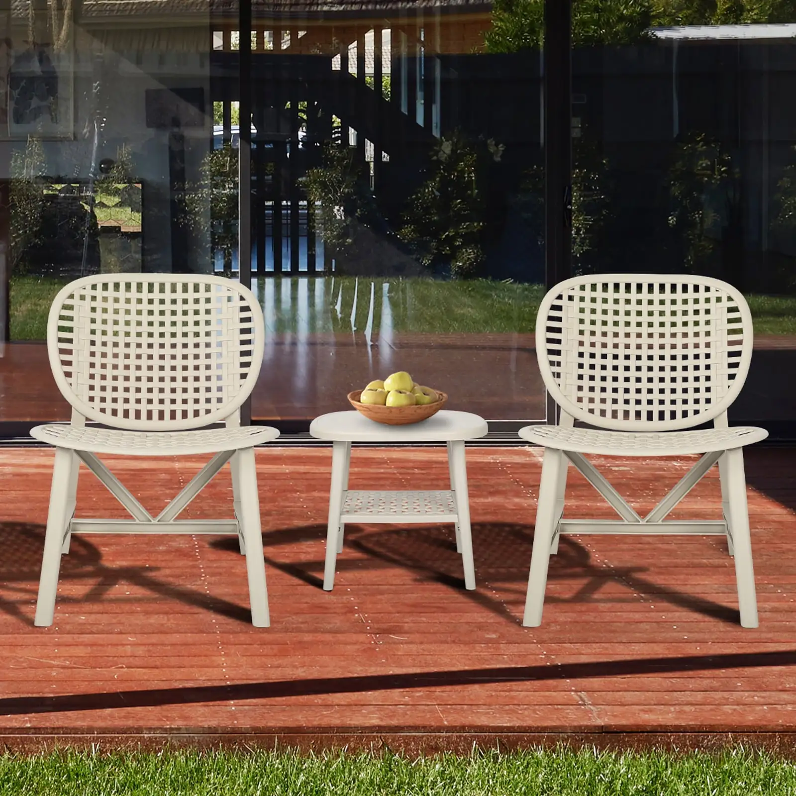 3 Piece Outdoor Seating Furniture Set with Table. Hollow Patio Chairs for Pool White