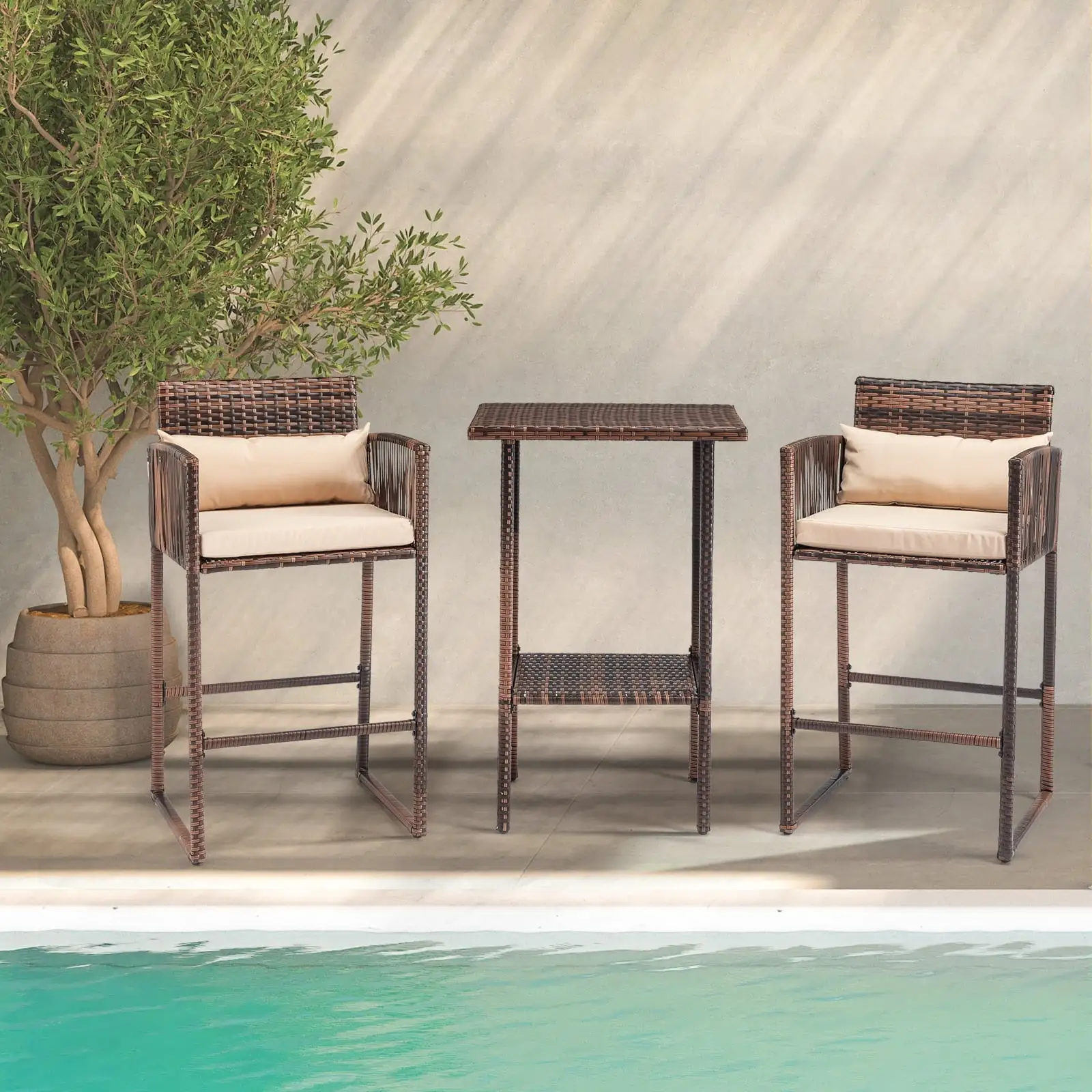 3-Piece Outdoor Wicker Bar Height Table Set. 2 Bar Stools and 1 Pub Table with 2 Pillows. Seat Cushions. Steel Frame