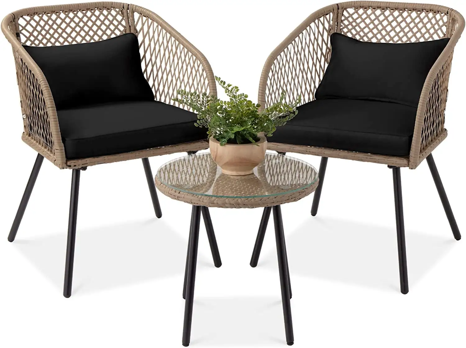 3-Piece Outdoor Wicker Bistro Set. Patio Dining Conversation Furniture for Backyard. Balcony. Porch w/Diamond Weave Design. Tempered Glass Side Table. 2 Chairs - Black