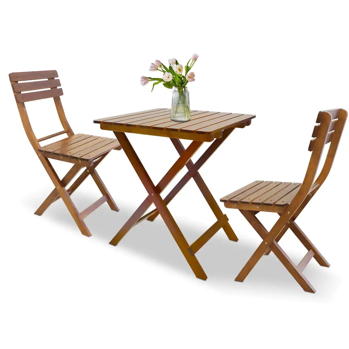 3-Piece Outdoor Wood Bistro Set. Patio Folding Furniture Set