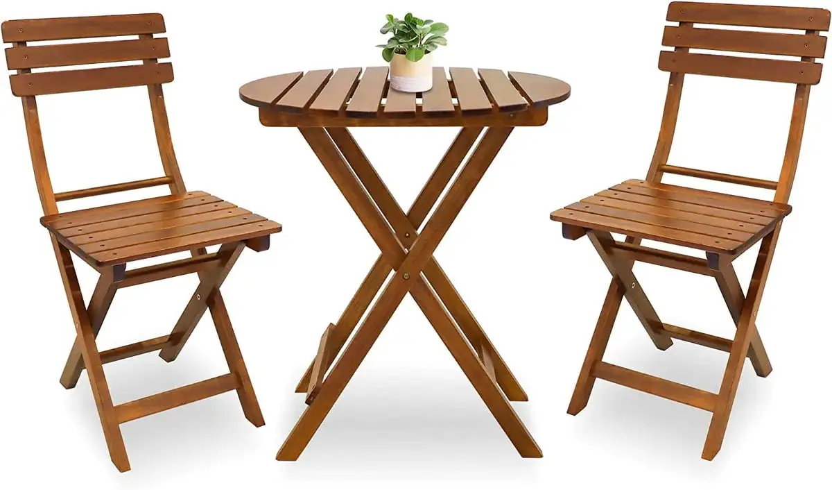 3-Piece Outdoor Wood Round Bistro Set. Patio Folding Furniture Set