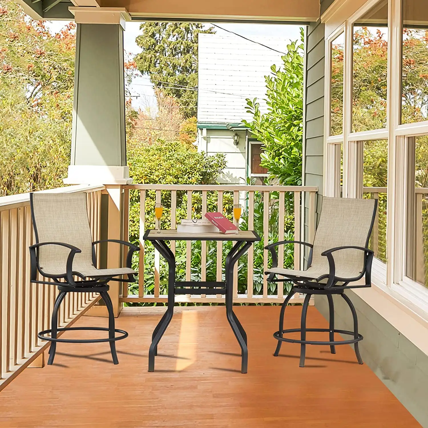 3 Piece Patio Bar Set with Swivels Bar Stools. Top Table. Metal Outdoor Bistro Set for Garden. Brown