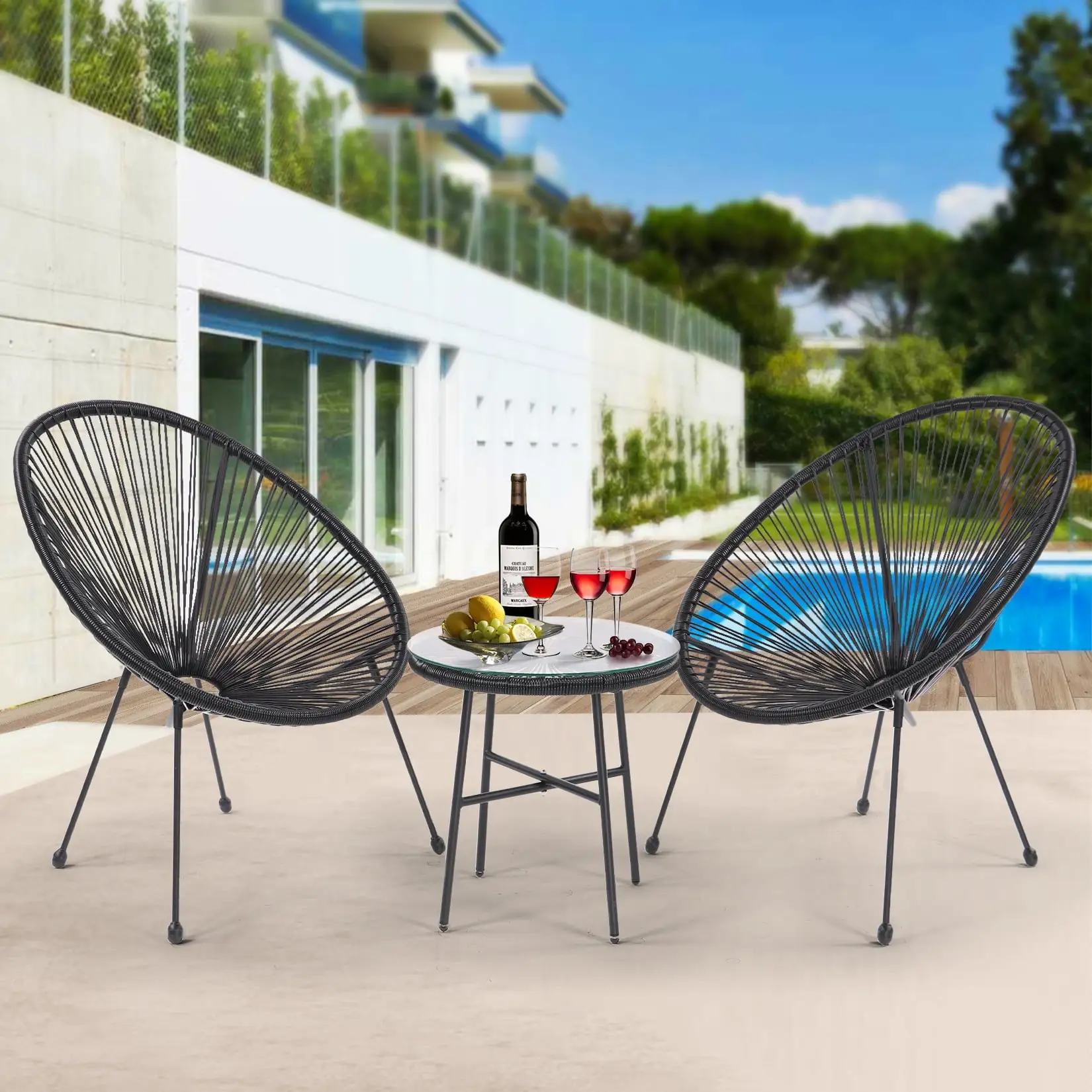 3 Piece Patio Bistro Conversation Set with Side Table. Acapulco All-Weather PE Rattan Chair Set.Flexible Rope Furniture Outdoor with Coffee Table.for Garden.Backyard.Balcony or Poolside(Black)