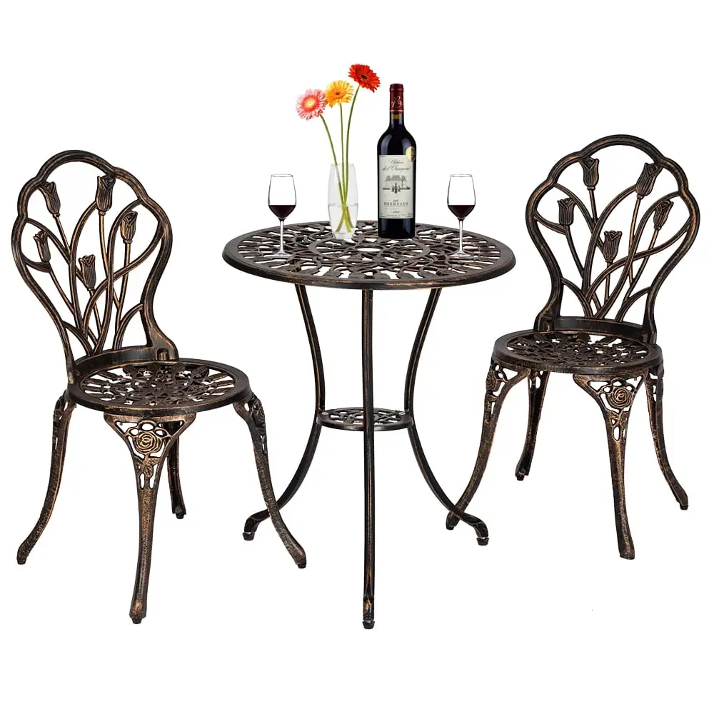 3-Piece Patio Bistro Dining Set. Cast Aluminum Table and Chairs Tulip Design- Outdoor Furniture with Umbrella Hole for Porch Backyard Garden Balcony