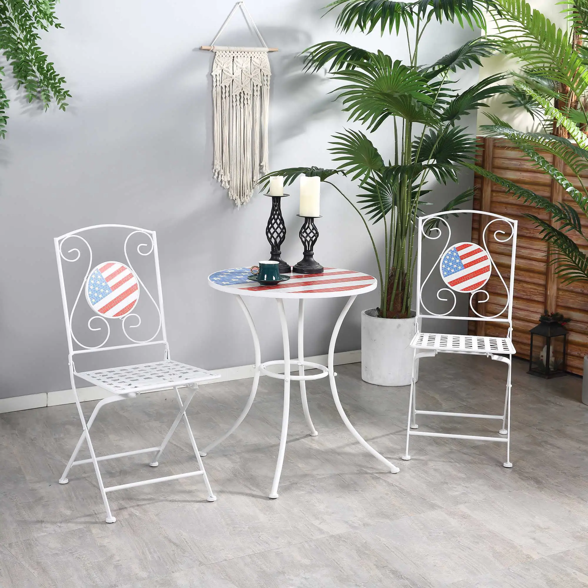 3 Piece Patio Bistro Set. Folding Outdoor Furniture with USA Mosaic Table and Chairs. Portable Metal Frames for 4th of July. Balcony. Backyard. Poolside. Porch. American Flag