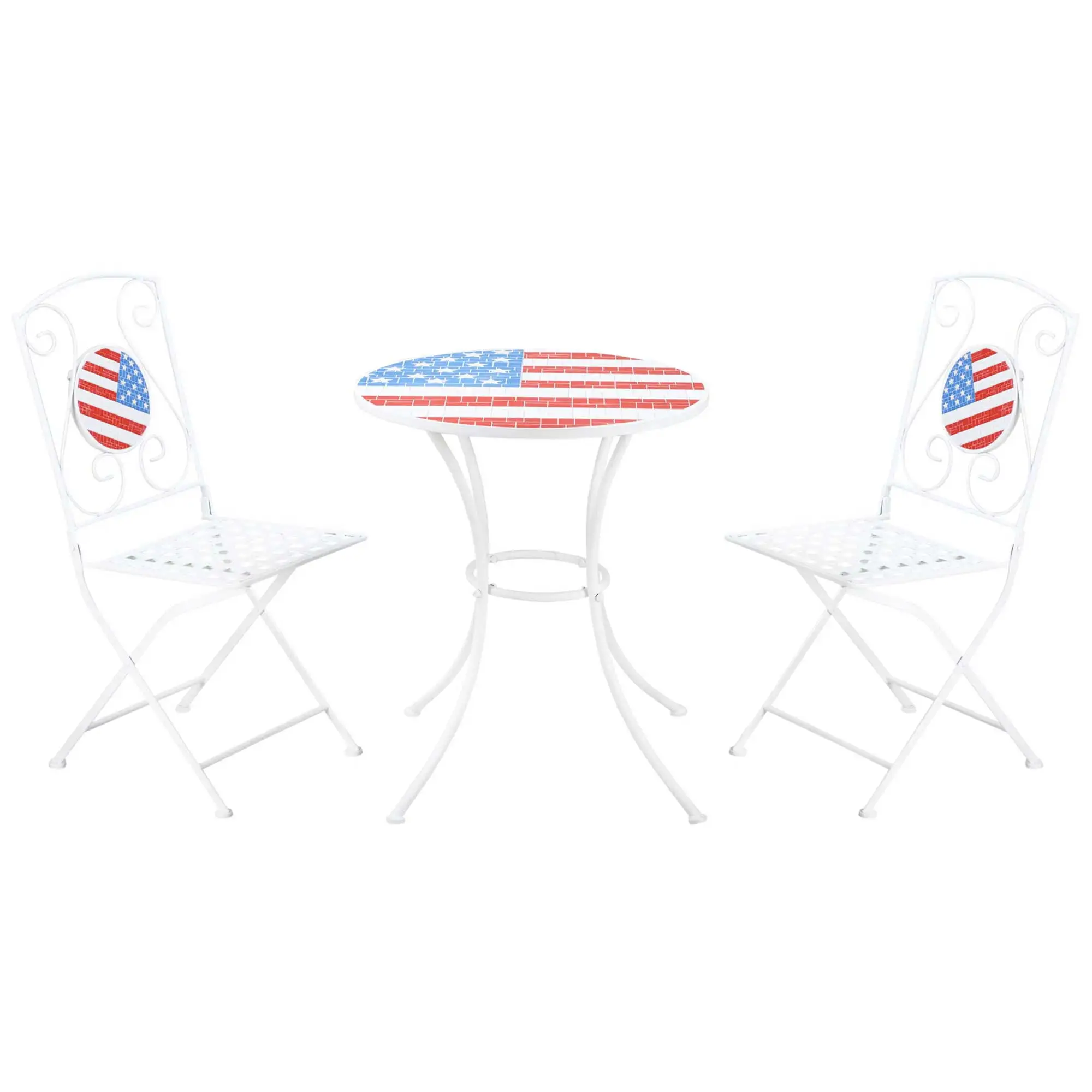 3 Piece Patio Bistro Set. Folding Outdoor Furniture with USA Mosaic Table and Chairs. Portable Metal Frames for 4th of July. Balcony. Backyard. Poolside. Porch. American Flag