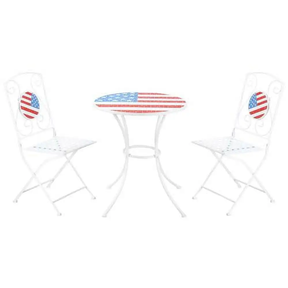 3 Piece Patio Bistro Set. Folding Outdoor Furniture with USA Mosaic Table and Chairs. Portable Metal Frames for 4th of July. Balcony. Backyard. Poolside. Porch. American Flag