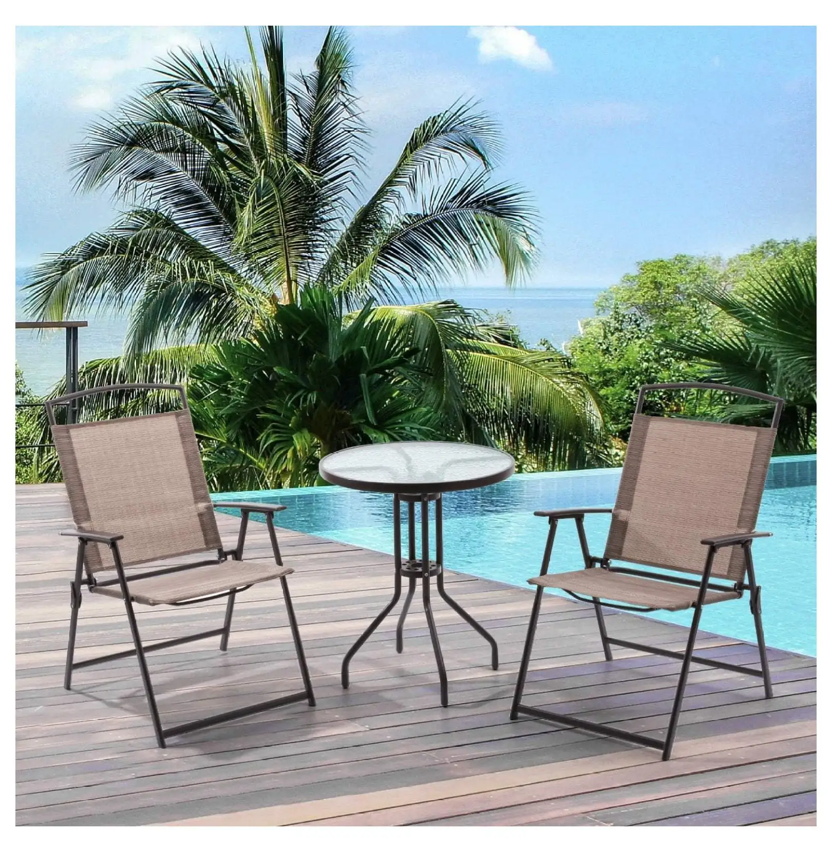 3 Piece Patio Bistro Set.Outdoor Conversation Set Outdoor Patio Furniture Set Round Glass Top Table with 2 Folding Chairs for Balcony.Porch.Deck(Beige)