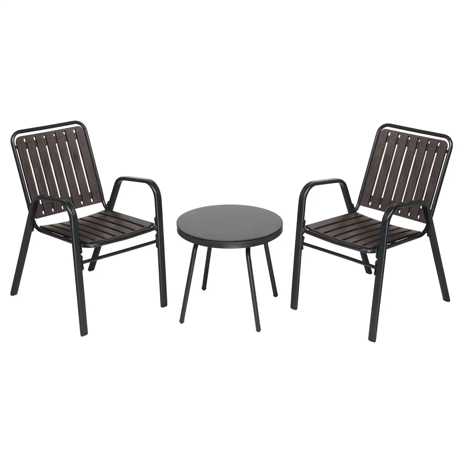 3-Piece Patio Bistro Set. Stackable Dining Chairs and Glass Table. Outdoor Furniture for Yard Balcony Porch. Black/Coffee