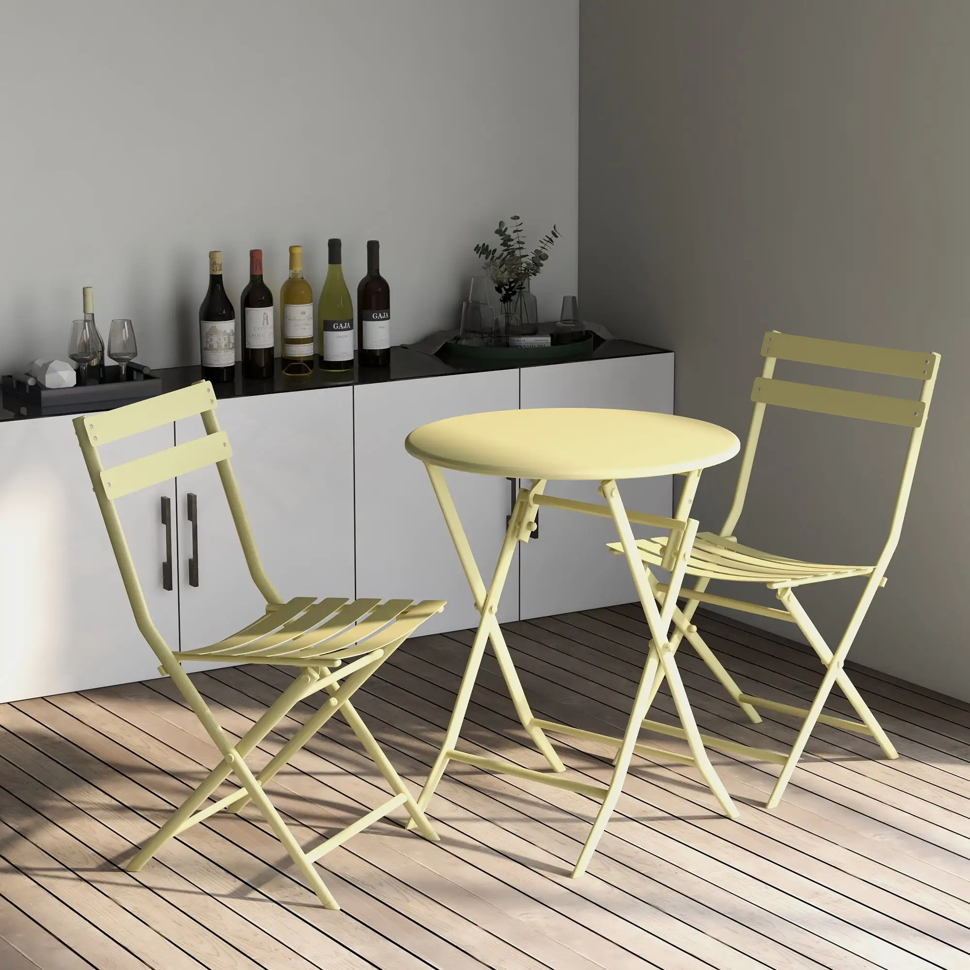 3 Piece Patio Bistro Set of Foldable Round Table and Chairs. Yellow Front Porch Outdoor Patio Furniture Table and Chairs Set