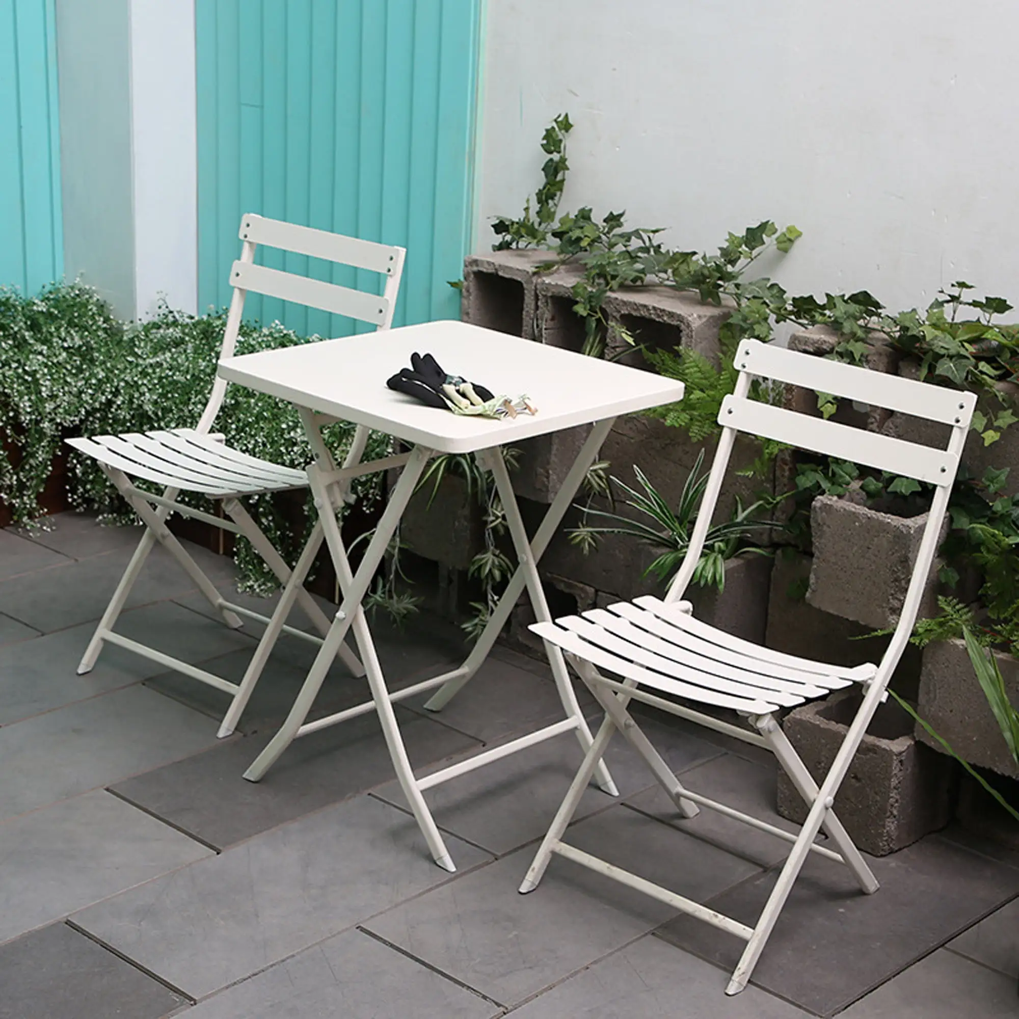 3 Piece Patio Bistro Set of Foldable Square Table and Chairs. White