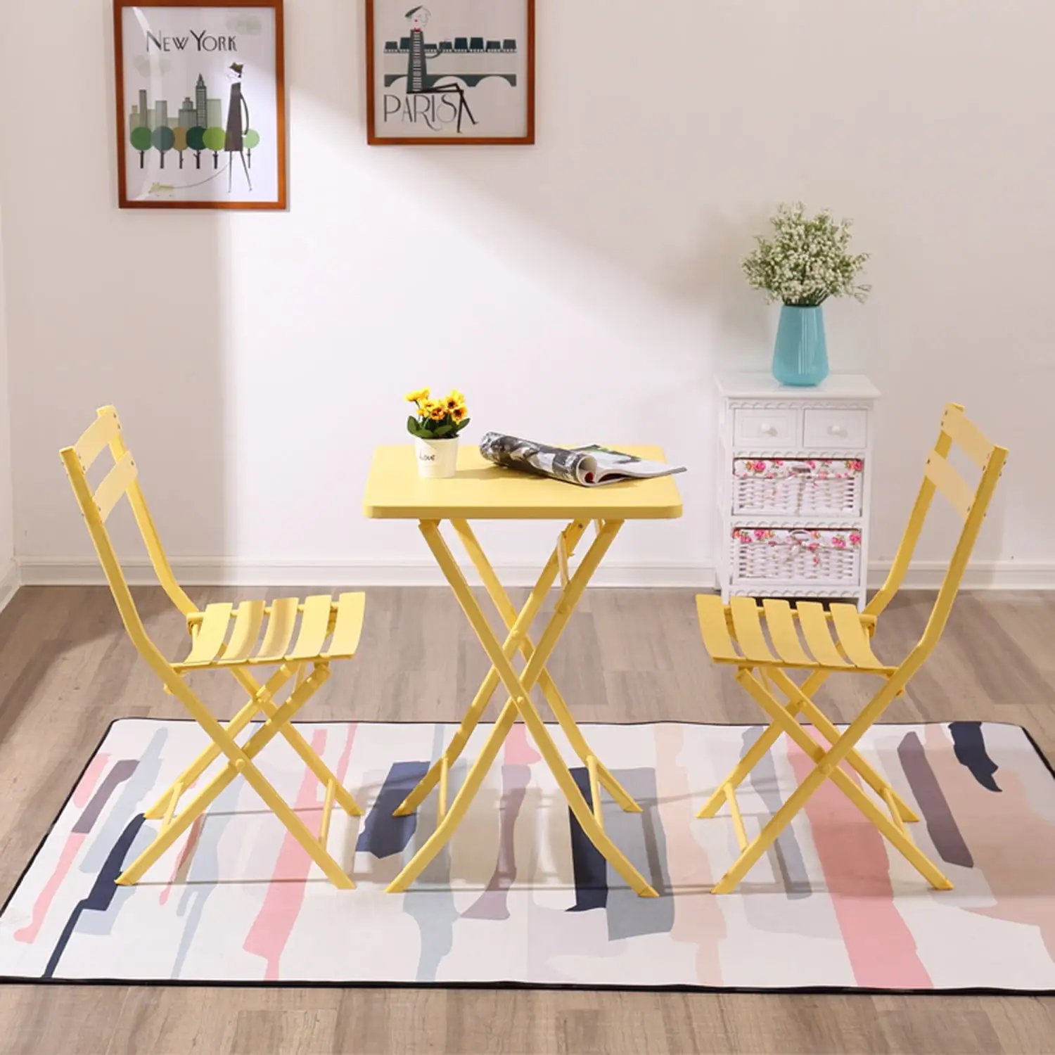 3 Piece Patio Bistro Set of Foldable Square Table and Chairs Yellow