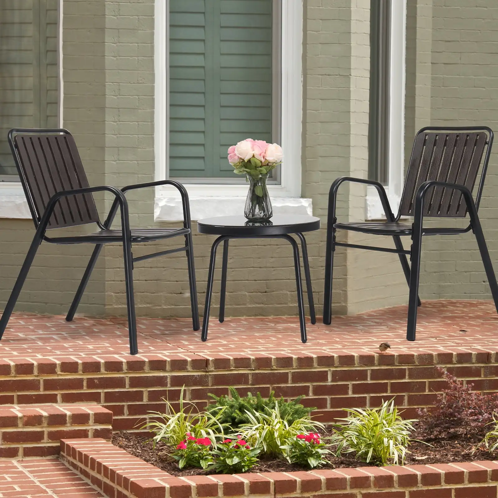 3-Piece Patio Bistro Table Set. Outdoor Furniture Set with 2 Stackable Patio Dining Chairs and Glass Table for Yard Balcony Porch. Black and Coffee