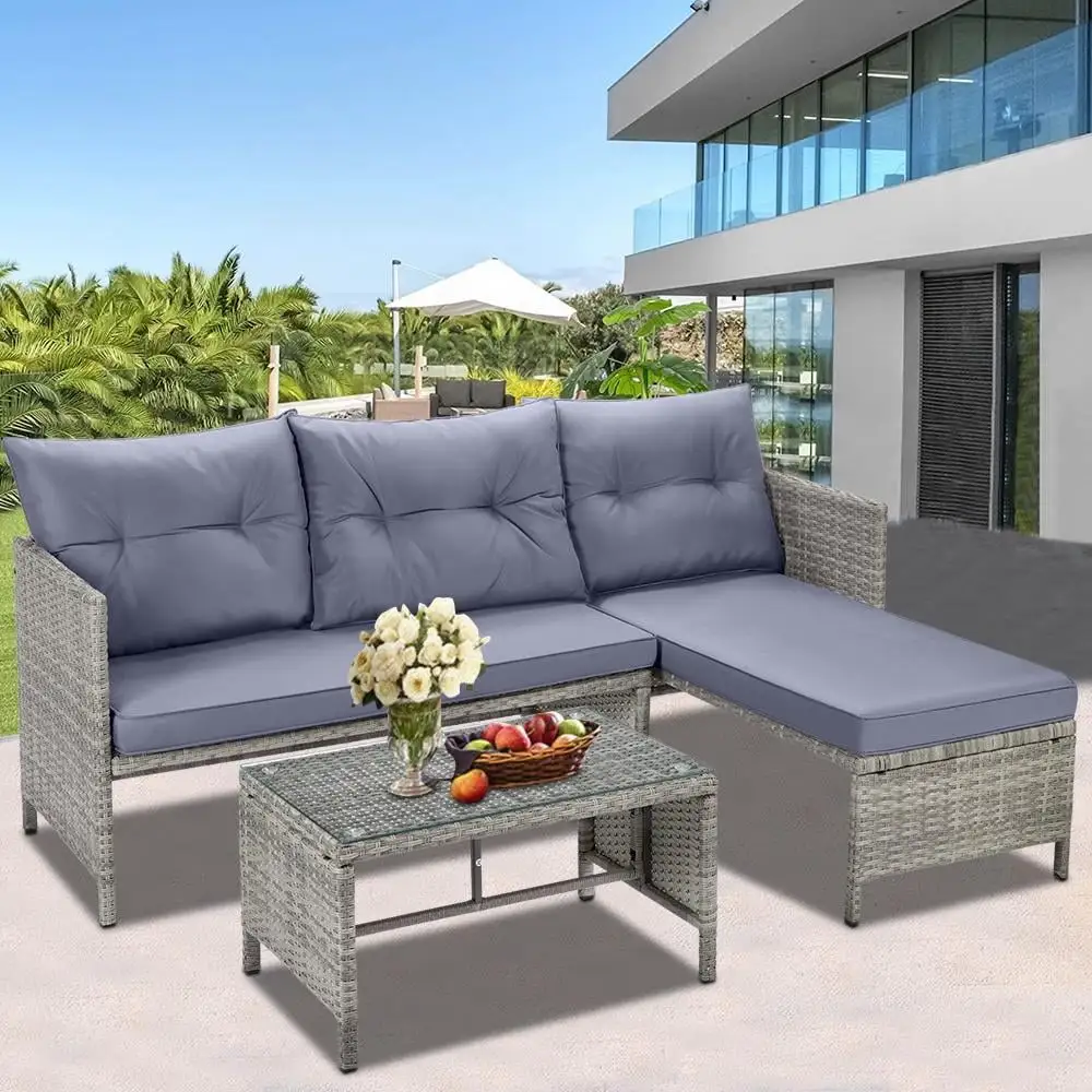 3 Piece Patio Furniture Set. All-Weather Outdoor Sectional Sofa Set. PE Rattan Conversation Set with Table & Cushions. Wicker Furniture Couch Set for Patio Deck Garden Poolside Yard