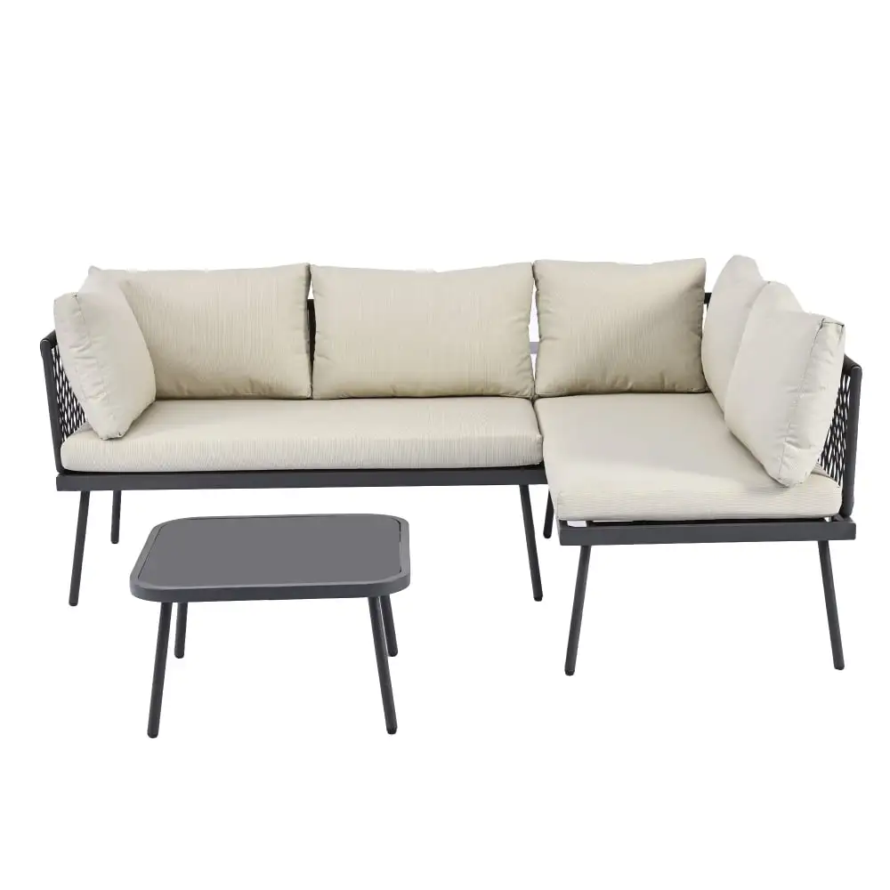 3 Piece Patio Lounge Set with Coffee Table. Rattan Conversation Sofa Kit with Cushion. Tempered Glass Table