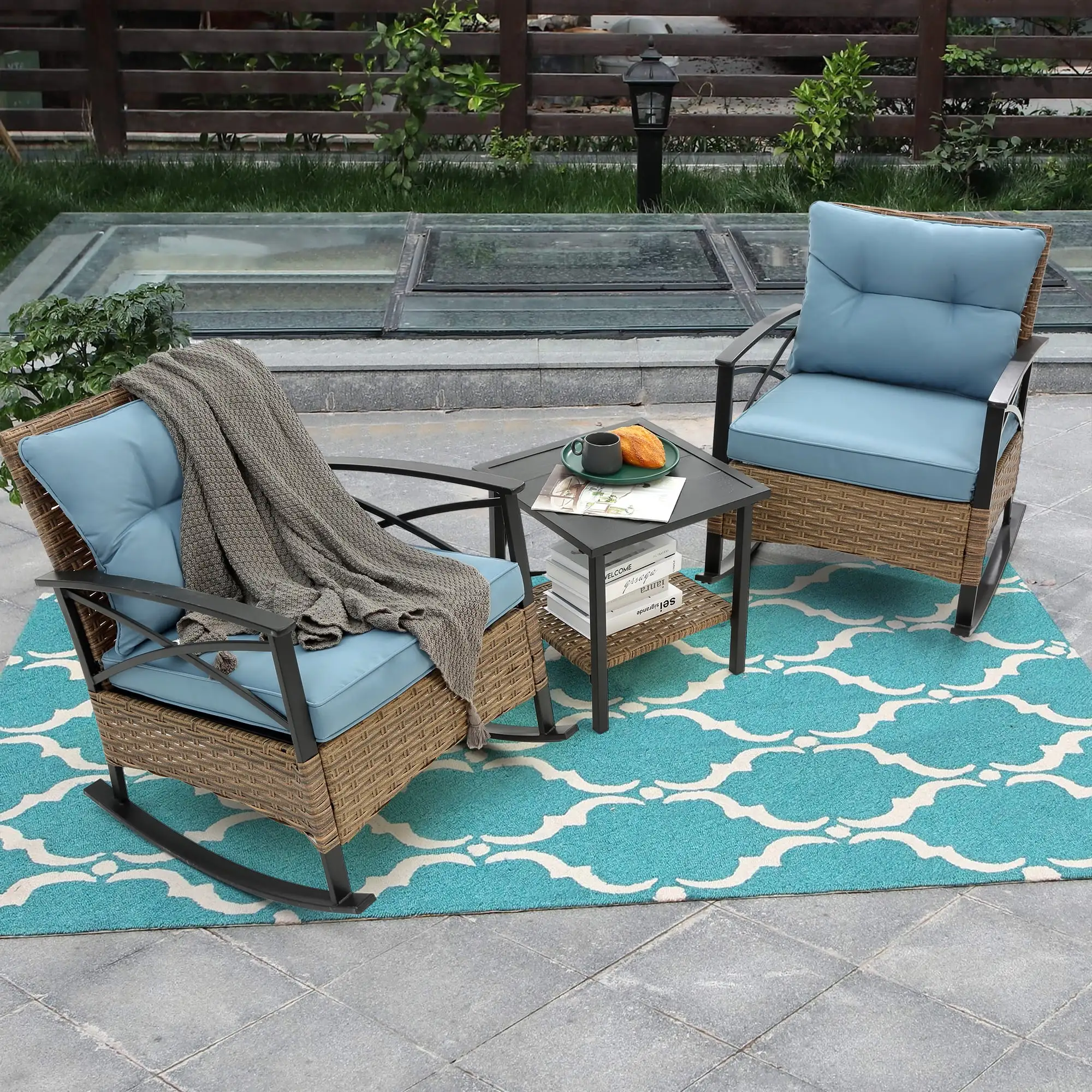 3 Piece Patio Rocking Bistro Set. Outdoor All Weather Wicker Rocking Chair Furniture Set. Conversation Chairs Set with Blue Cushions and Coffee Table. for Backyard. Poolside. Garden. D8003