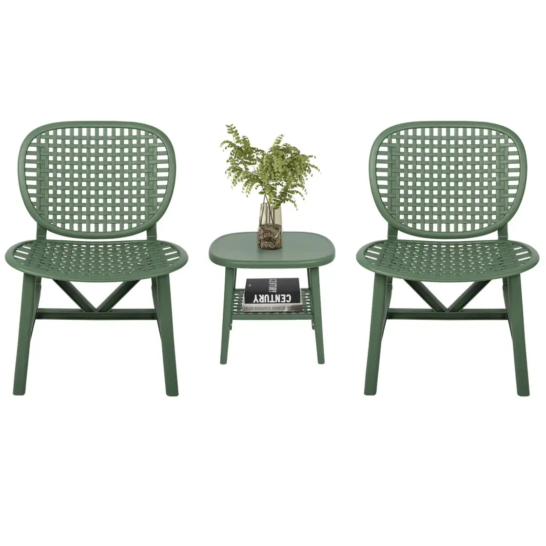 3-Piece Retro Patio Table Chair Set.All Weather Hollow Design Conversation Bistro Set Outdoor Coffee Table with Open Shelf and Lounge Chairs with Widened Seat for Balcony Garden Yard.Green