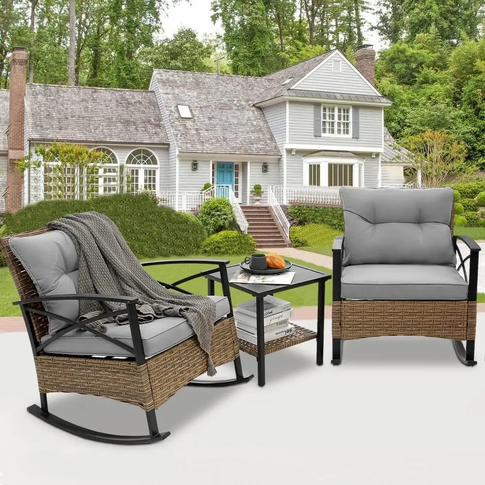 3 Piece Rocking Bistro Table Set. Steel Top Table W/ 2 Rocking Chairs Padded Seat. PE Rattan Bistro Set of 3. All-Weather Conversation Set for Outdoor Patio Poolside. Balcony - Gray