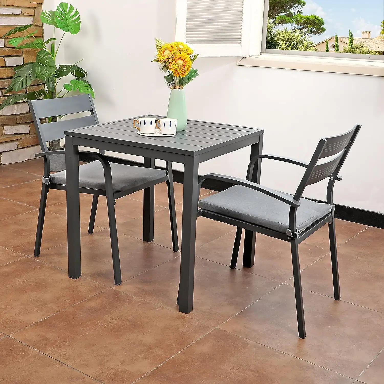 3-Piece S Bistro Set Aluminum S Table and Chairs with Cushion Outdoor Dining Table Set. Dark Grey Finish & Grey Cushion