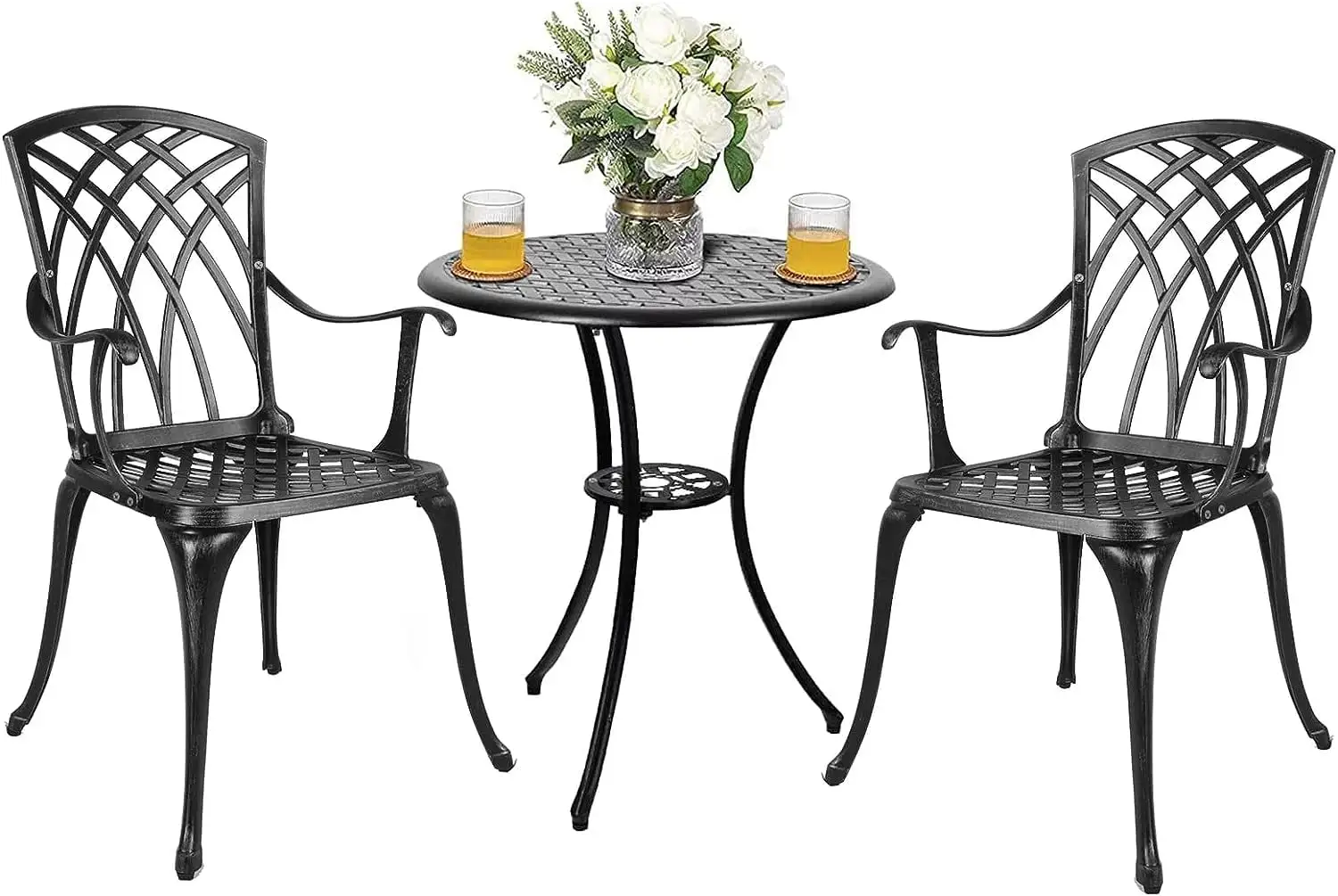 3 Piece S Bistro Set Cast Aluminum Bistro Table Set Outdoor Round Dining Table with Umbrella Hole for Porch. Lawn. Garden. Backyard. Pool.Black