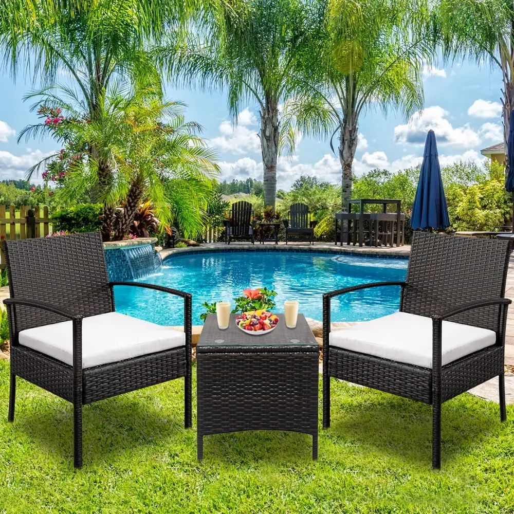 3 Piece Wicker Patio Set. Outdoor Patio Furniture Sets with Glass Dining Table. Modern Bistro Patio Set Rattan Chair Conversation Sets with Coffee Table for Backyard. Porch. Garden. Poolside.L4775