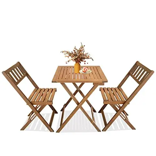 3 Piece Wooden Patio Bistro Set. Outdoor Folding Bistro Set Small Bistro Table and Chairs Set of 2 for Porch Balcony Lawn Yard Bistro Deck Bed Patio Furniture Set Steel Cafe Table And Chairs Set