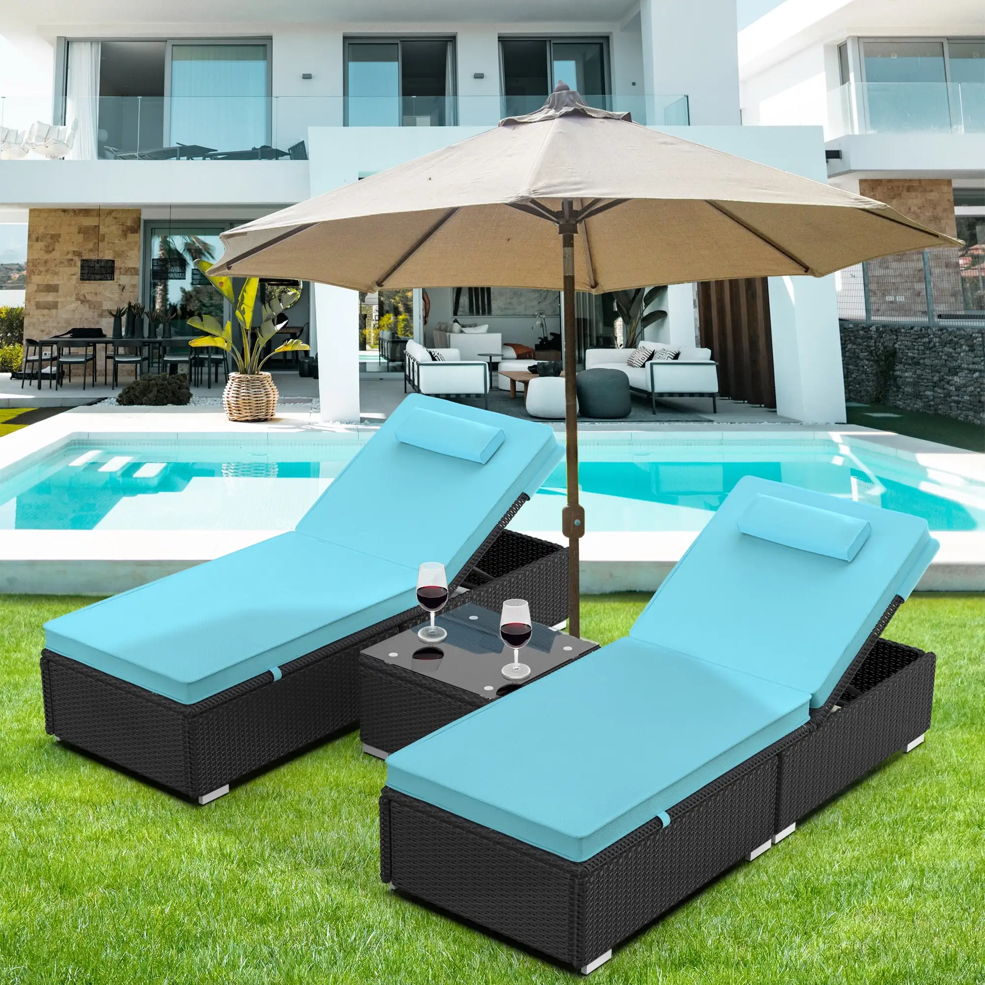 3 Pieces 5 Position Outdoor PE Rattan Patio Lounge Set. Folding Reclining Chaise Chairs with 2 Pillows & Coffee Table. Wicker Chaise Furniture Sets for Porch Poolside Backyard Garden. S1546