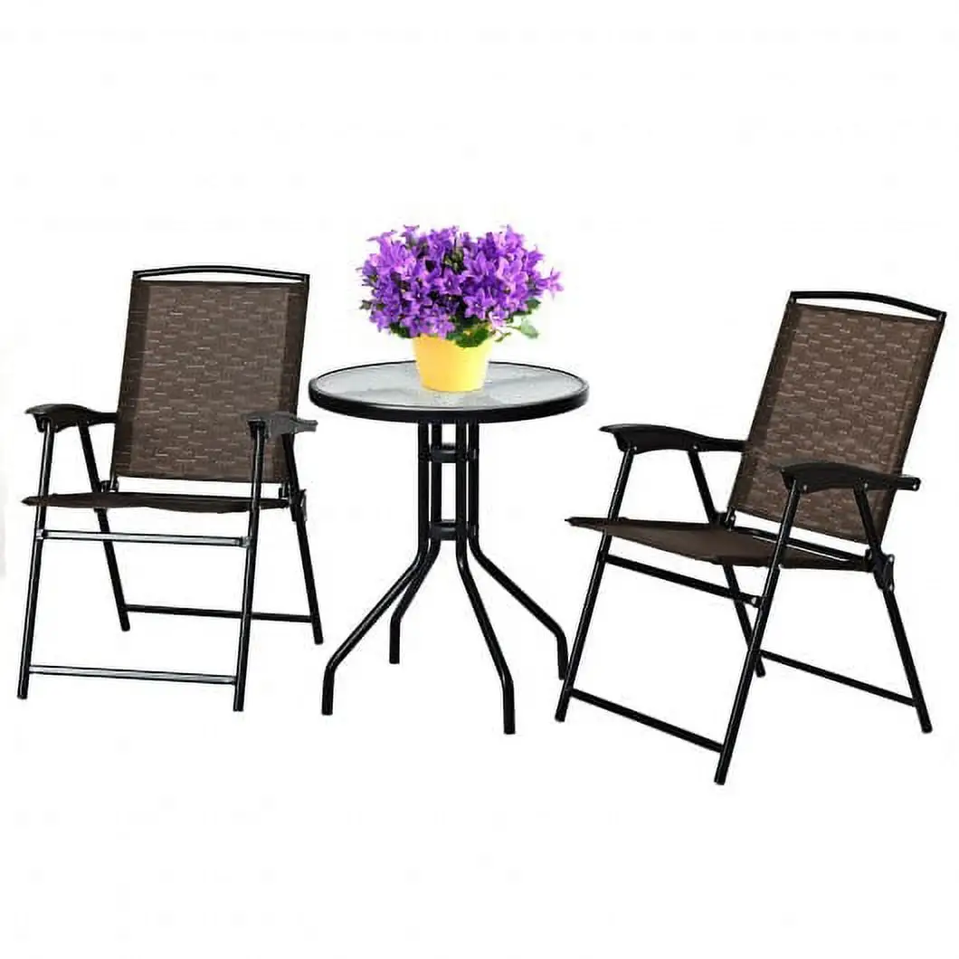 3 Pieces Bistro Patio Garden Furniture Set of Round Table and Folding Chairs