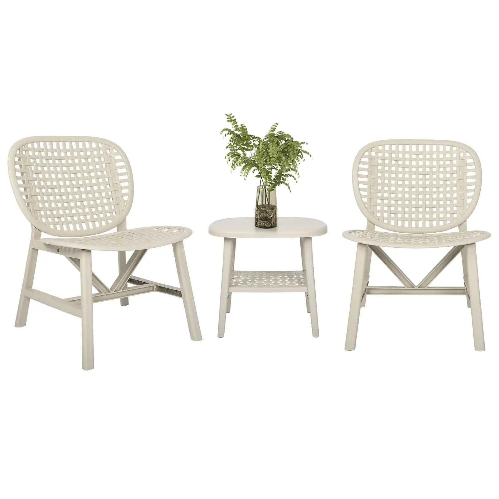 3 Pieces Bistro Set Outdoor Table with Open Shelf and Lounge Chairs White