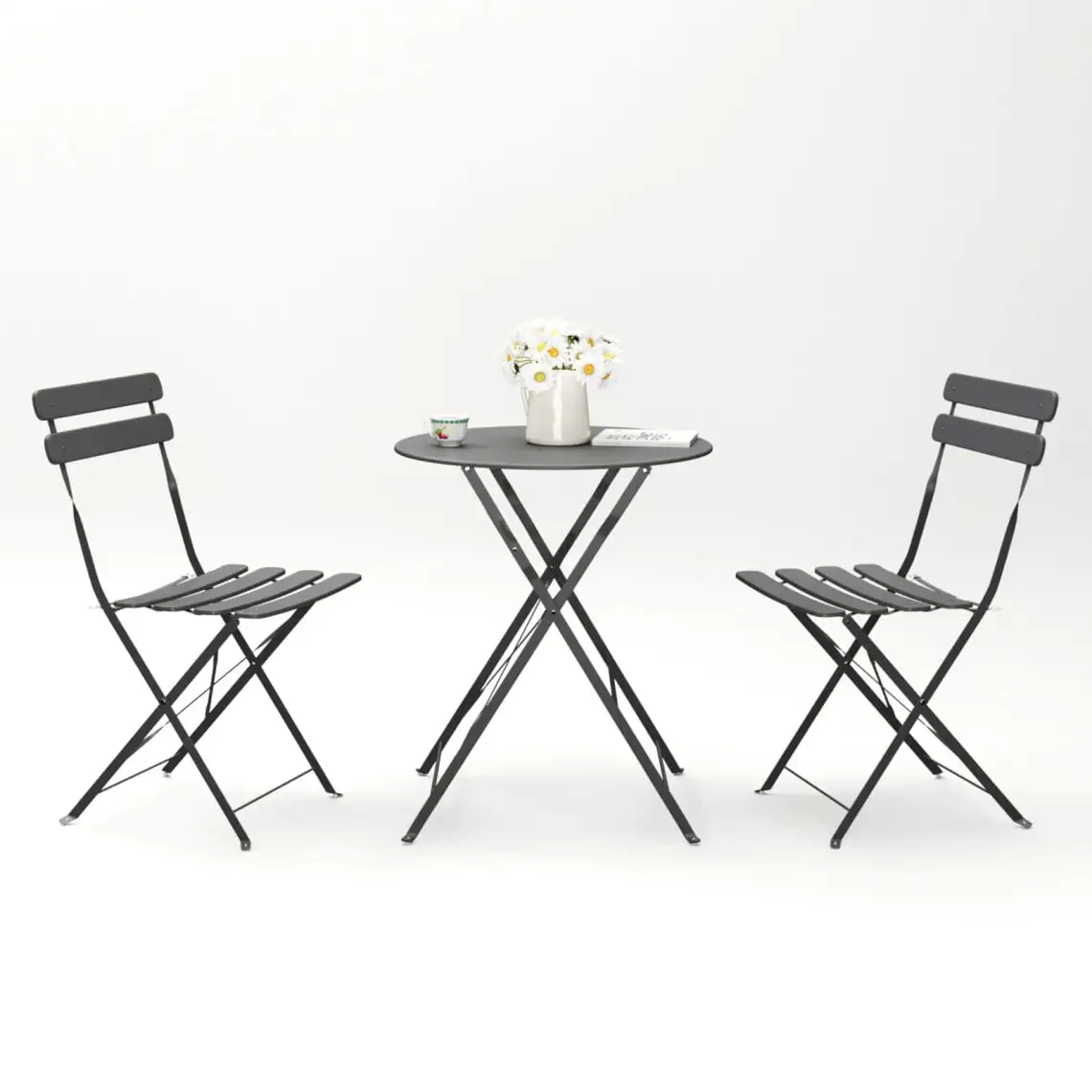 3 Pieces Foldable Metal Table Set. Small Round Table and 2 Chair. Portable Bistro Set for Camping Gatherings Bistros Balconies. Grey