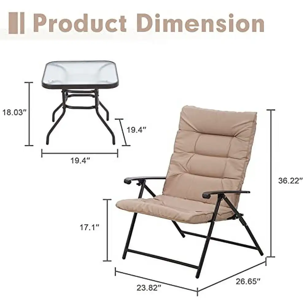 3 Pieces Folding Chair Set Patio Bistro Set. Outdoor Lounge Chairs with Coffee Table for Porch. Backyard and Deck (Brown)