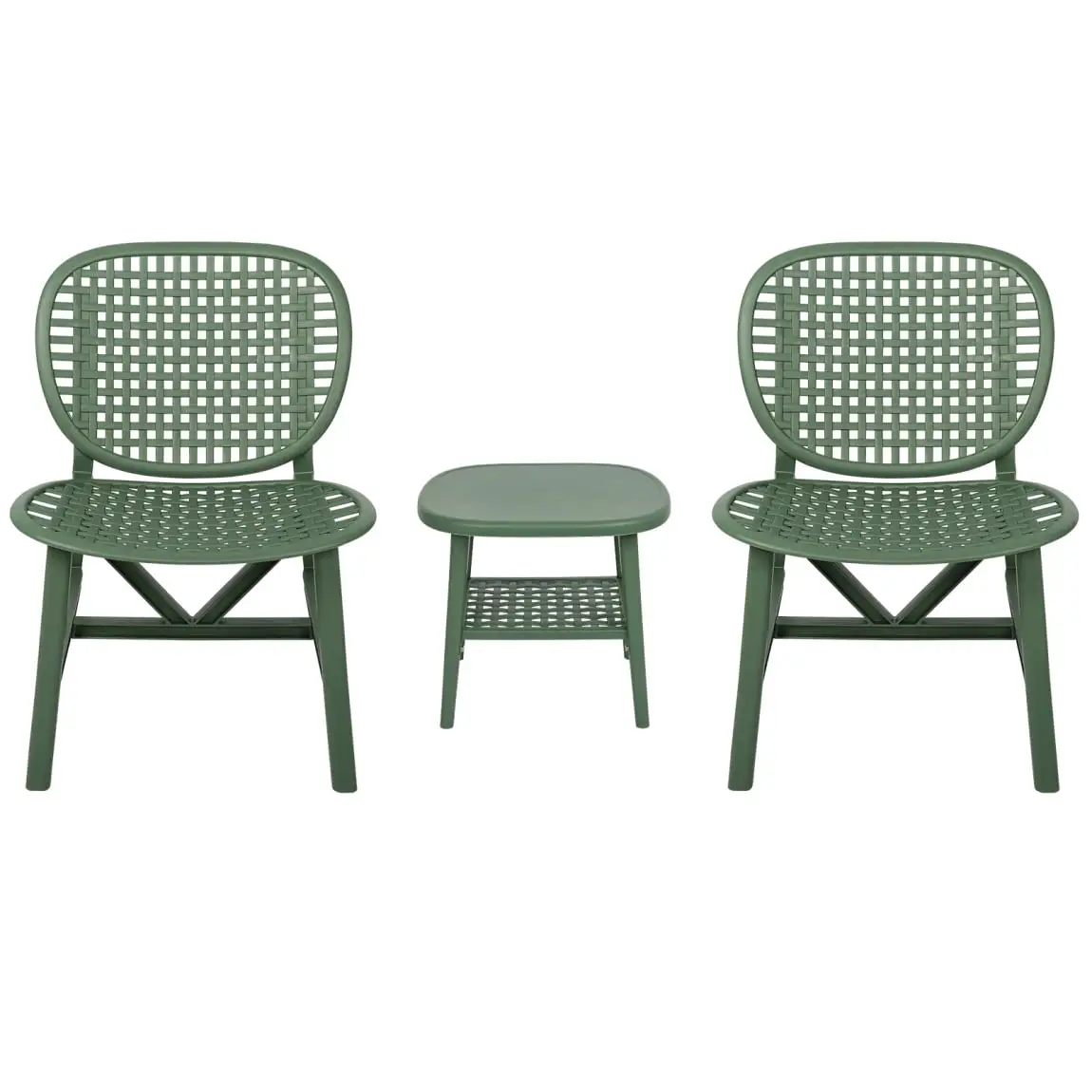 3 Pieces Hollow Design Patio Table Chair Set. All Weather Conversation Set Outdoor Coffee Table with Open Shelf and Lounge Chairs with Widened Seat for Balcony. Restaurants and Garden Yard . Green