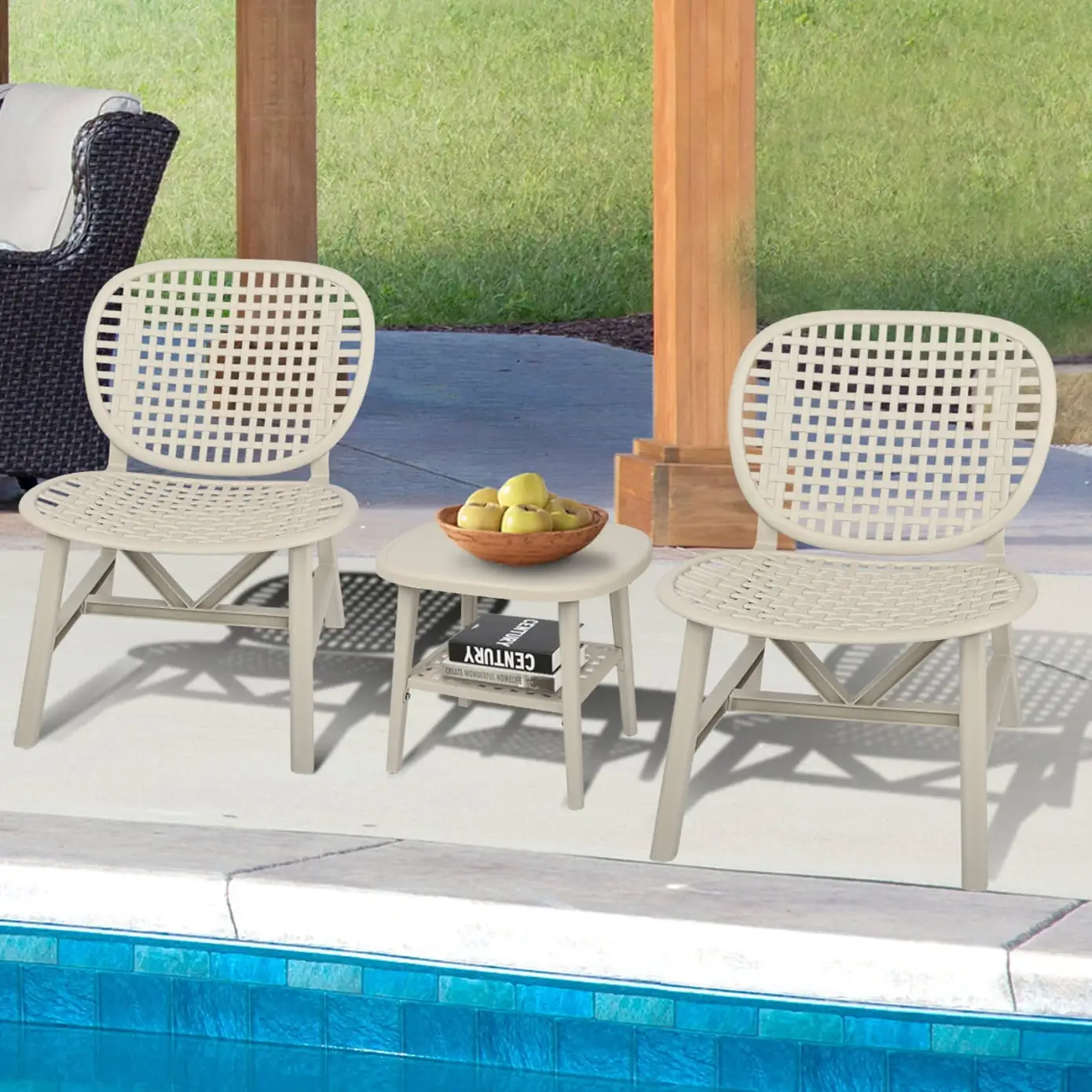 3-Pieces Hollow Design Retro Patio Furniture Set.Outdoor Wicker Furniture Set All-Weather Rattan Chairs Conversation Set with Open Shelf and Cushions Round Table for Garden.Balcony.Backyard.White