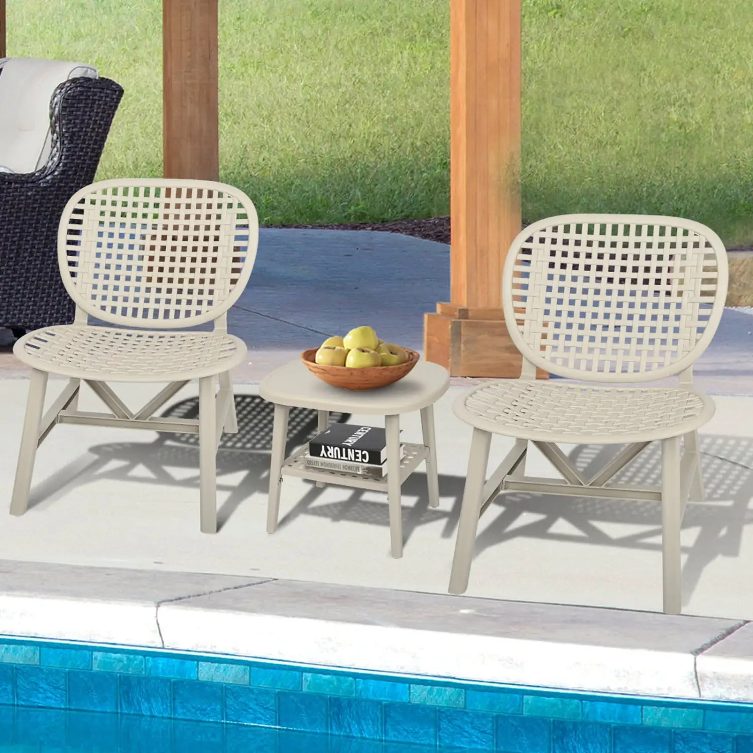 3 Pieces Hollow Design Retro Patio Table Chair Set All Weather Conversation Bistro Set Outdoor Table with Open Shelf and Lounge Chairs with Widened Seat for Balcony Garden Yard White