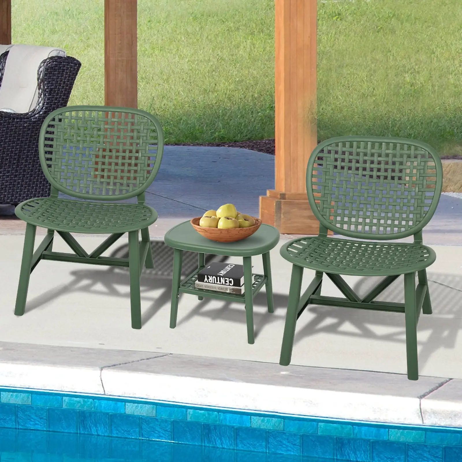 3 Pieces Hollow Design Retro Patio Table Chair Set All Weather Conversation Bistro Set Outdoor Table With Open Shelf And Lounge Chairs With Widened Seat For Balcony Garden Yard Green