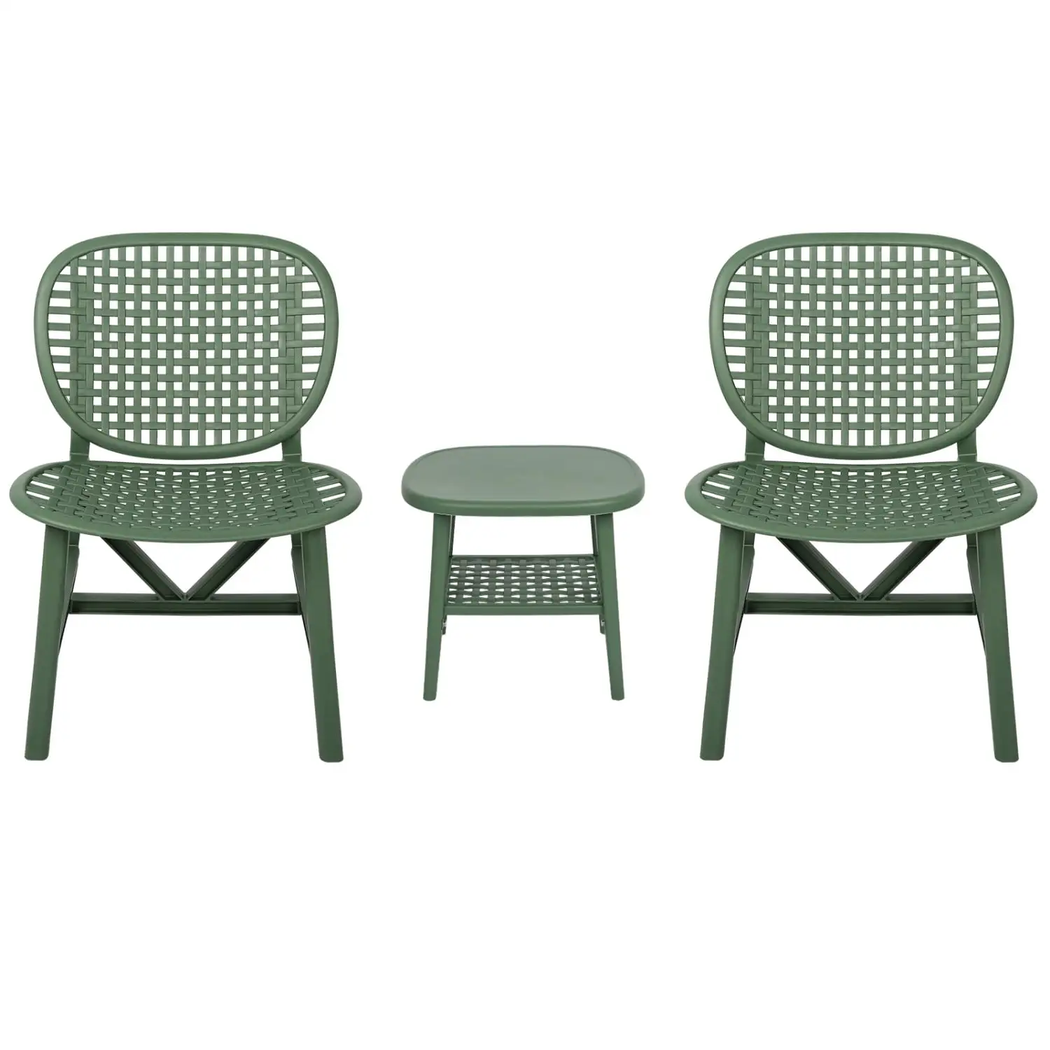 3 Pieces Outdoor Hollow Design Retro Table Chairs Set. Patio Table with Open Shelf and Lounge Chairs with Widened Seat. All Weather Conversation Bistro Set. for Balcony. Garden. Yard. Green