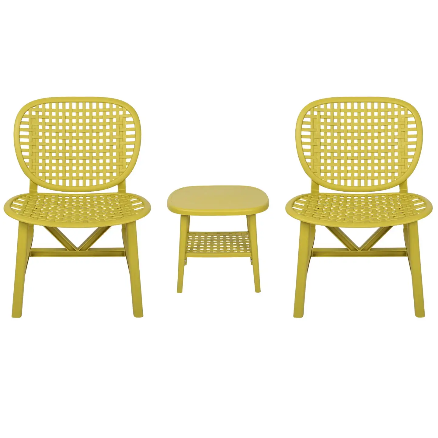 3 Pieces Outdoor Hollow Design Retro Table Chairs Set. Patio Table with Open Shelf and Lounge Chairs with Widened Seat. All Weather Conversation Bistro Set. for Balcony. Garden. Yard. Yellow