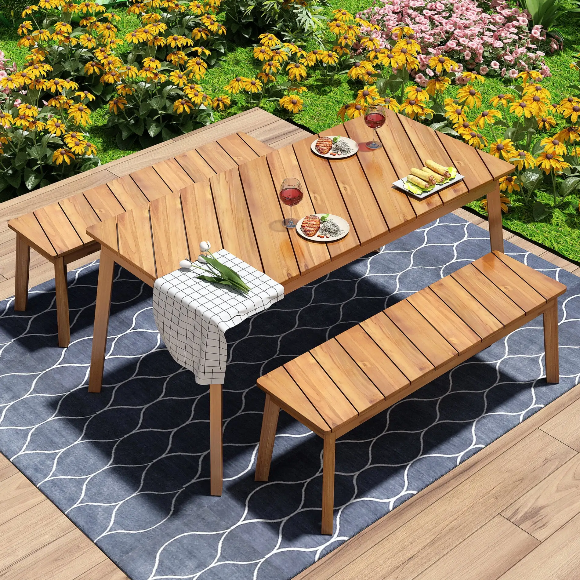 3 Pieces Outdoor Patio Dining Set.All Weather Heavy Duty PE Wicker Bench with 2 Benches and 1 Table. All-Weather Picnic Table Conversation Set for Garden Backyard Poolside