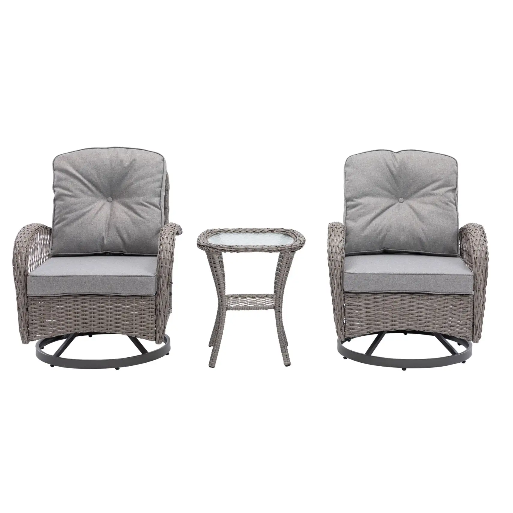 3 Pieces Outdoor Swivel Rocking Chairs with Thickened Cushions and Glass Coffee Table. 360 Degree Rocker Patio Conversation Set with Curved Armrest. Accent Armchair for Backyard. Living Room. Grey