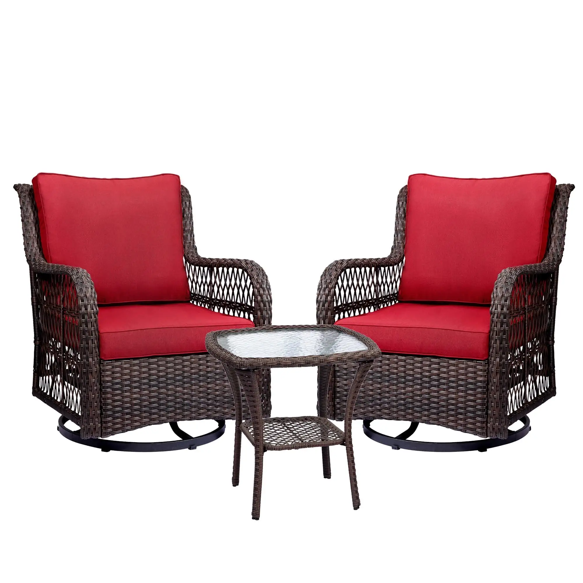 3 Pieces Outdoor Wicker Swivel Rocker Patio Set. 360 Degree Swivel Rocking Chairs Elegant Wicker Patio Bistro Set with Premuim Cushions and Armored Glass Top Side Table for Backyard (Rust)