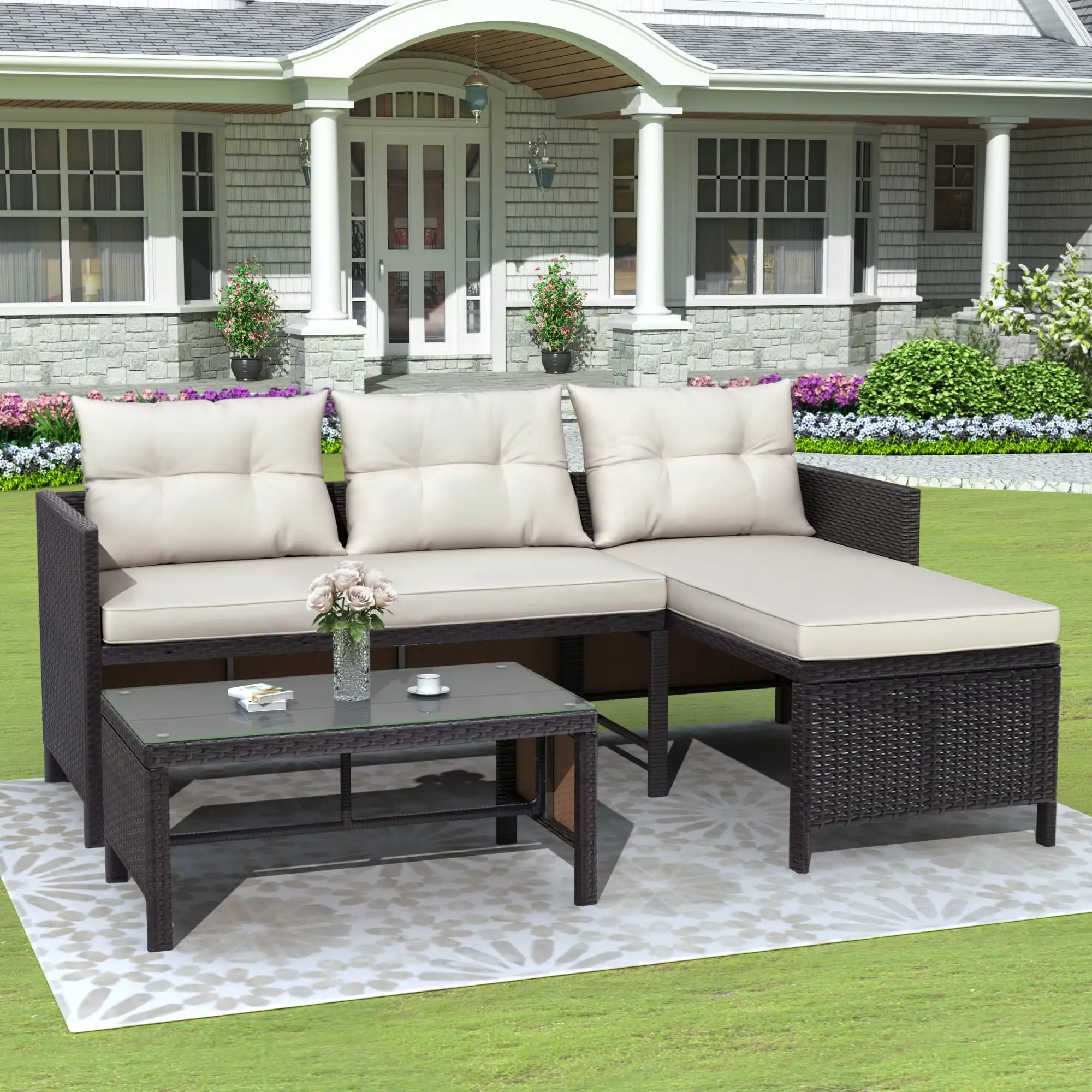 3 Pieces PE Wicker Furniture Set. Patio Conversation Furniture Set with Two-Seater Sofa. Lounge Chair. Table and Cushions. Outdoor Sectional Sofa Set for Backyard. Deck. Balcony. Poolside. D6031