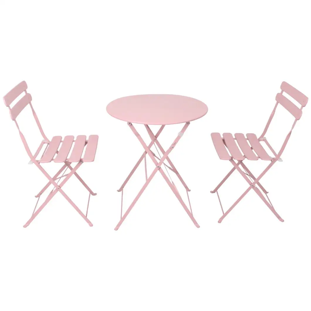 3 Pieces Patio Bistro with 2 Chairs & 1 Round Table. Outdoor Foldable Portable Furniture Set with Rust Resistant Frame. All Weather Conversation Set for Balcony. Yard. Garden. Pink