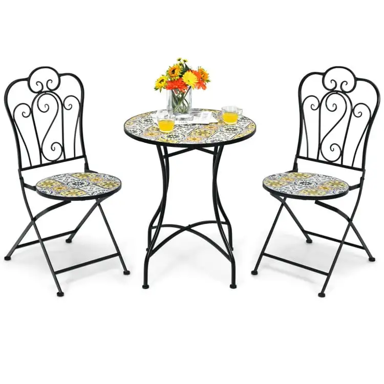 3 Pieces Patio Bistro Mosaic Design Set. Deluxe Outdoor Patio with Folding Chairs and Round Table