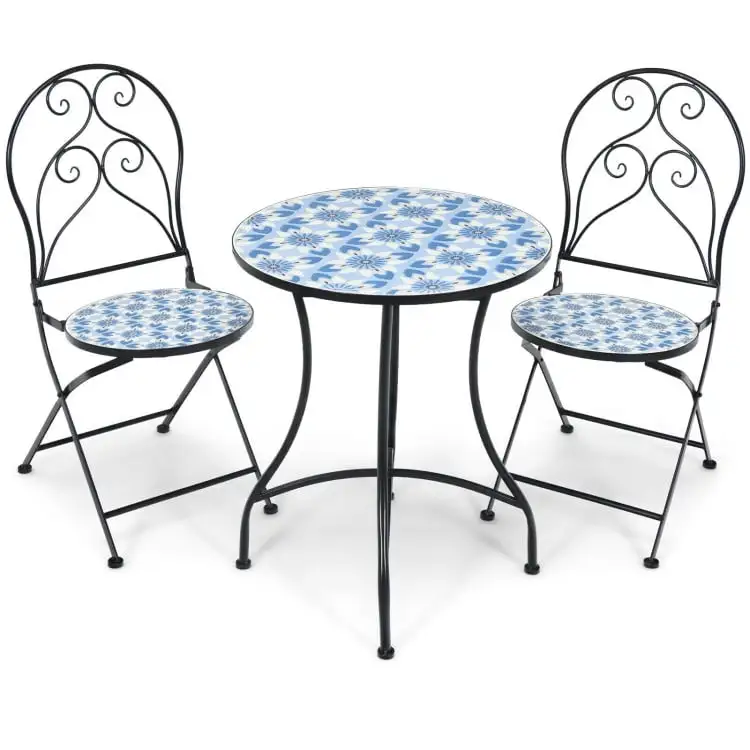 3 Pieces Patio Bistro Mosaic Design Set. Deluxe Outdoor Patio with Folding Chairs and Round Table